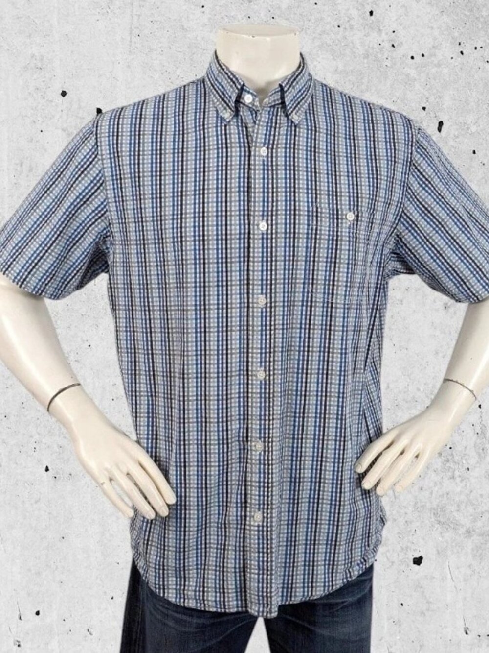 Lands End Seersucker Shirt Size Large Blue Plaid